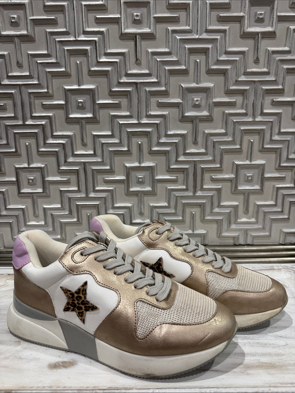 ShuShop Metallic Gold & White Sneakers with Leopard Star and Pink Heel